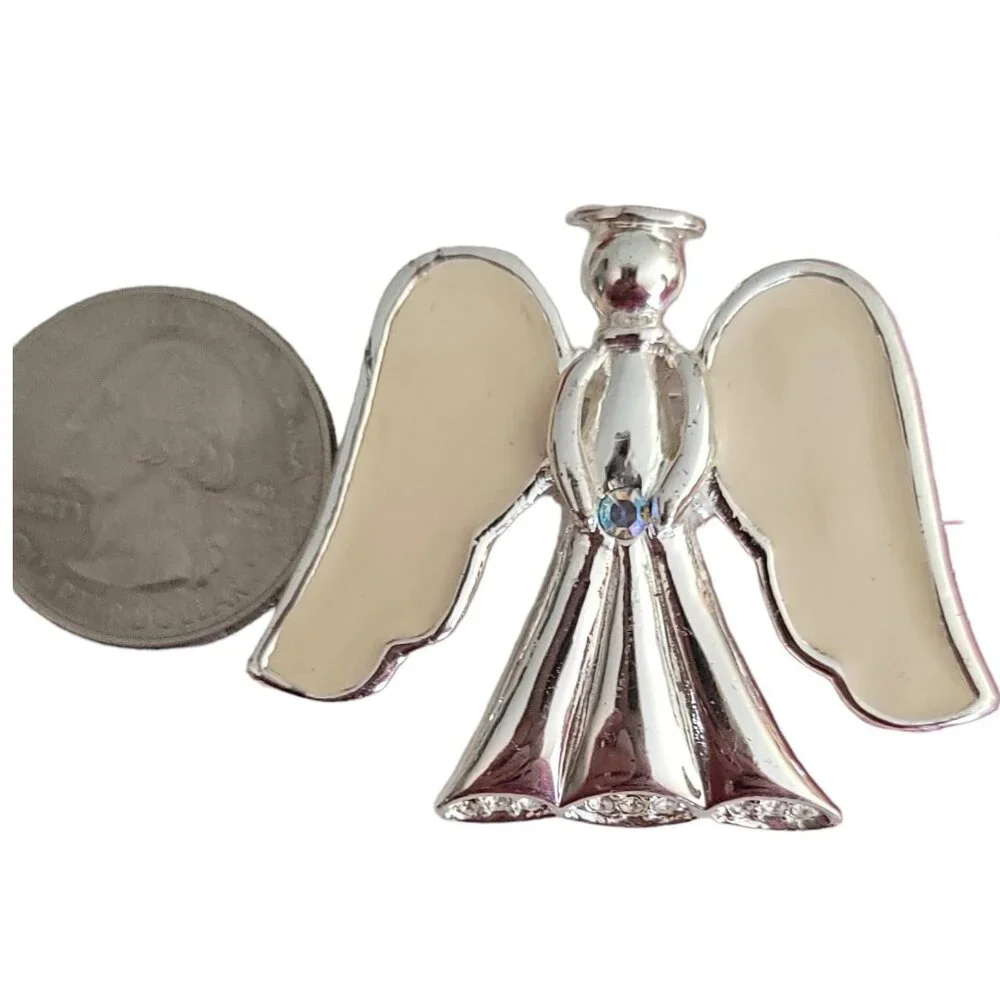 KC Kenneth Cole Silver Tone White Enamel Angel Brooch Pin, Signed - Picture 5 of 7
